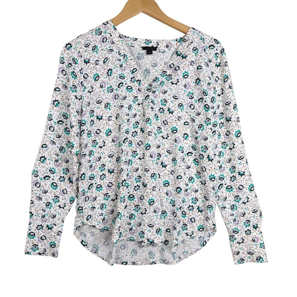 Ann Taylor Floral Print V-neck Button Down Long Sleeve Shirt size Small White